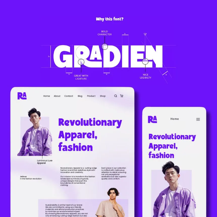 Typography breakdown of the bold font 'GRADIEN' highlighting ligature and legibility, above website mockups for Revolutionary Apparel featuring a young man in a purple jacket and bold purple headings.