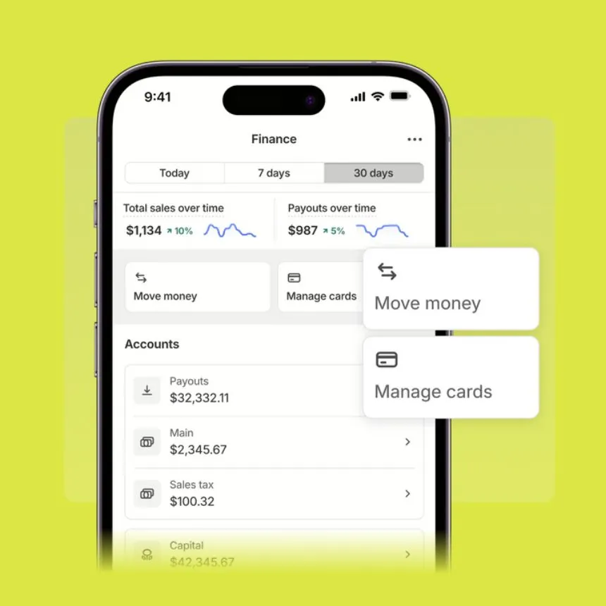 Smartphone screen displaying a finance app showing total sales of $1,134 and payouts of $987 over 30 days, with options to move money and manage cards, and account balances including payouts, main, and sales tax.