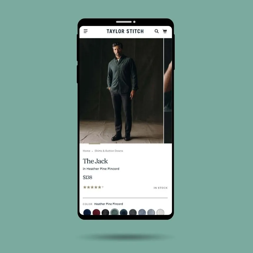 Mobile screen displaying Taylor Stitch online store featuring a man modeling The Jack shirt in Heather Pine Pincord, priced at $138 with a 5-star rating.