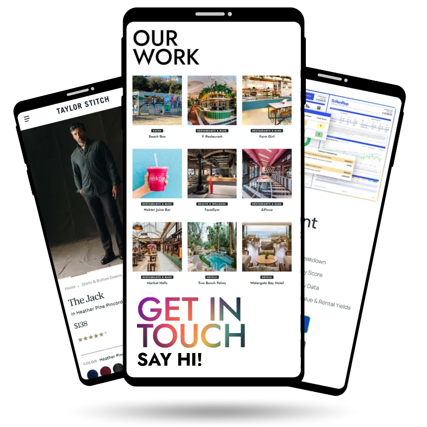 Three overlapping smartphone screens showing a clothing product page, a portfolio with photos of restaurants and hotels labeled 'Our Work', and a data dashboard.