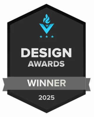 Hexagonal black badge with blue flame logo, text 'DESIGN AWARDS', banner with 'WINNER', and year 2025.