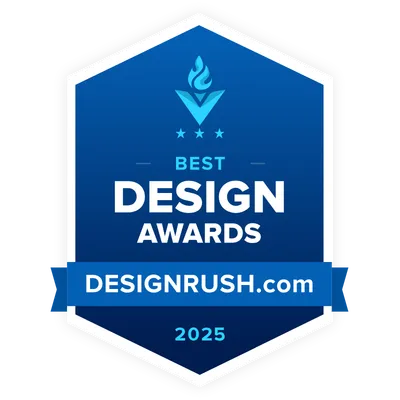 Blue hexagonal badge with white border showing 'Best Design Awards DESIGNRUSH.com 2025' and a flame logo above text.