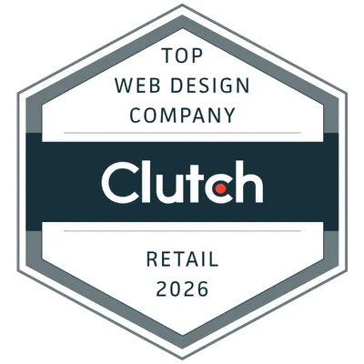Hexagonal badge reading 'Top Web Design Company Clutch Retail 2026'.