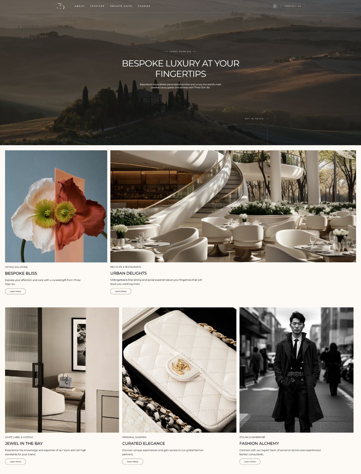 Luxury lifestyle website homepage featuring a sunset hilltop estate, modern restaurant interior, designer handbag, elegant living room, and a stylish man in a long coat on a city street.