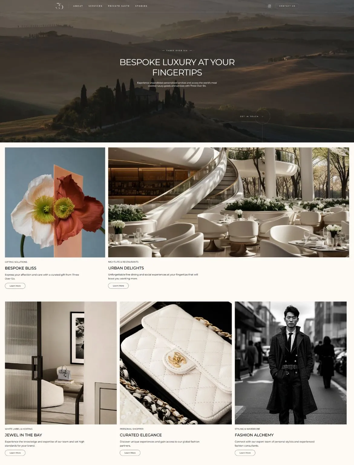 Luxury lifestyle website homepage featuring a sunset hilltop estate, modern restaurant interior, designer handbag, elegant living room, and a stylish man in a long coat on a city street.