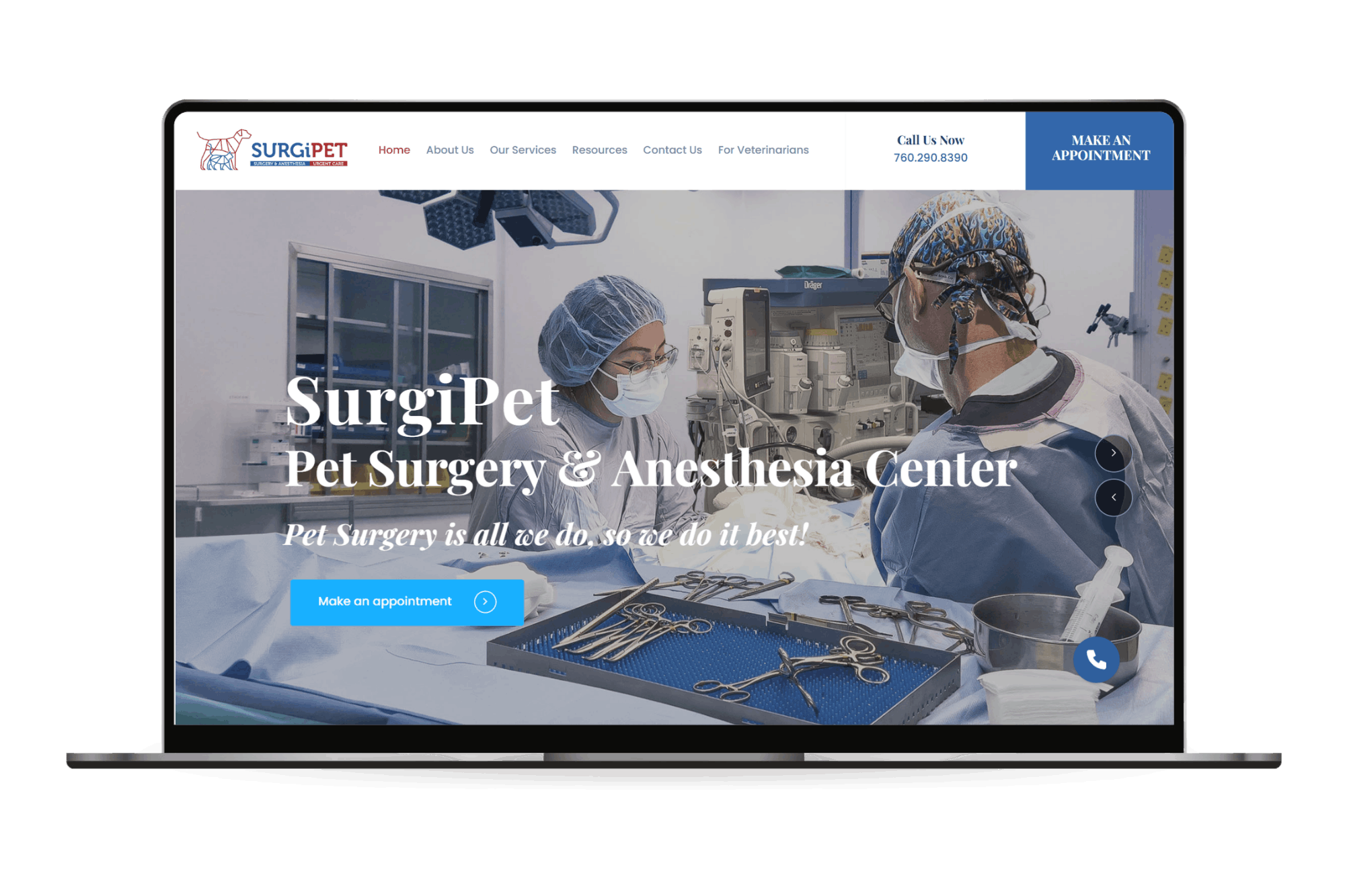 Laptop screen displaying SurgiPet pet surgery and anesthesia center website with two masked veterinarians performing surgery and surgical tools on a table.