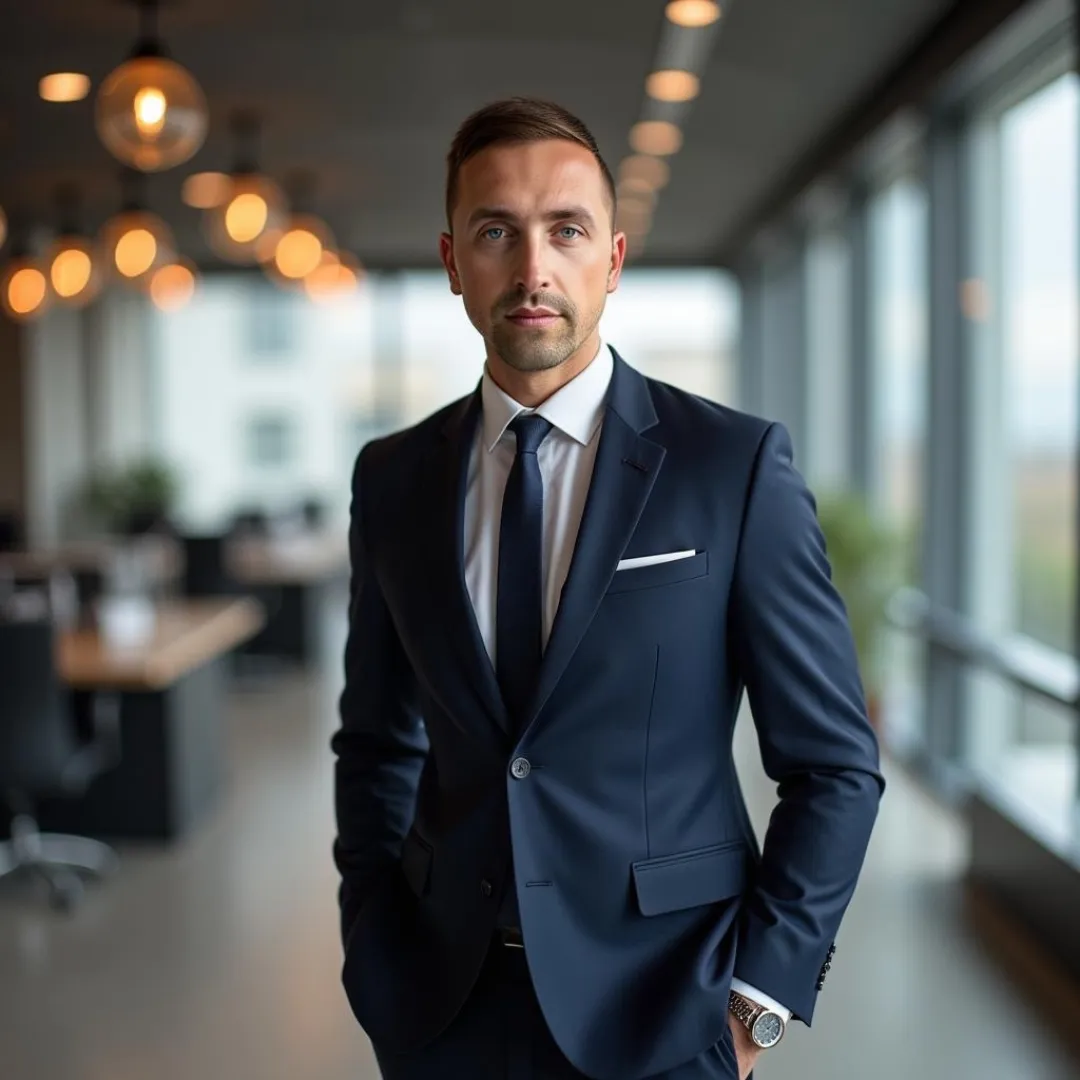 Confident man in a navy blue suit with white shirt and tie standing in a modern office with warm hanging lights.