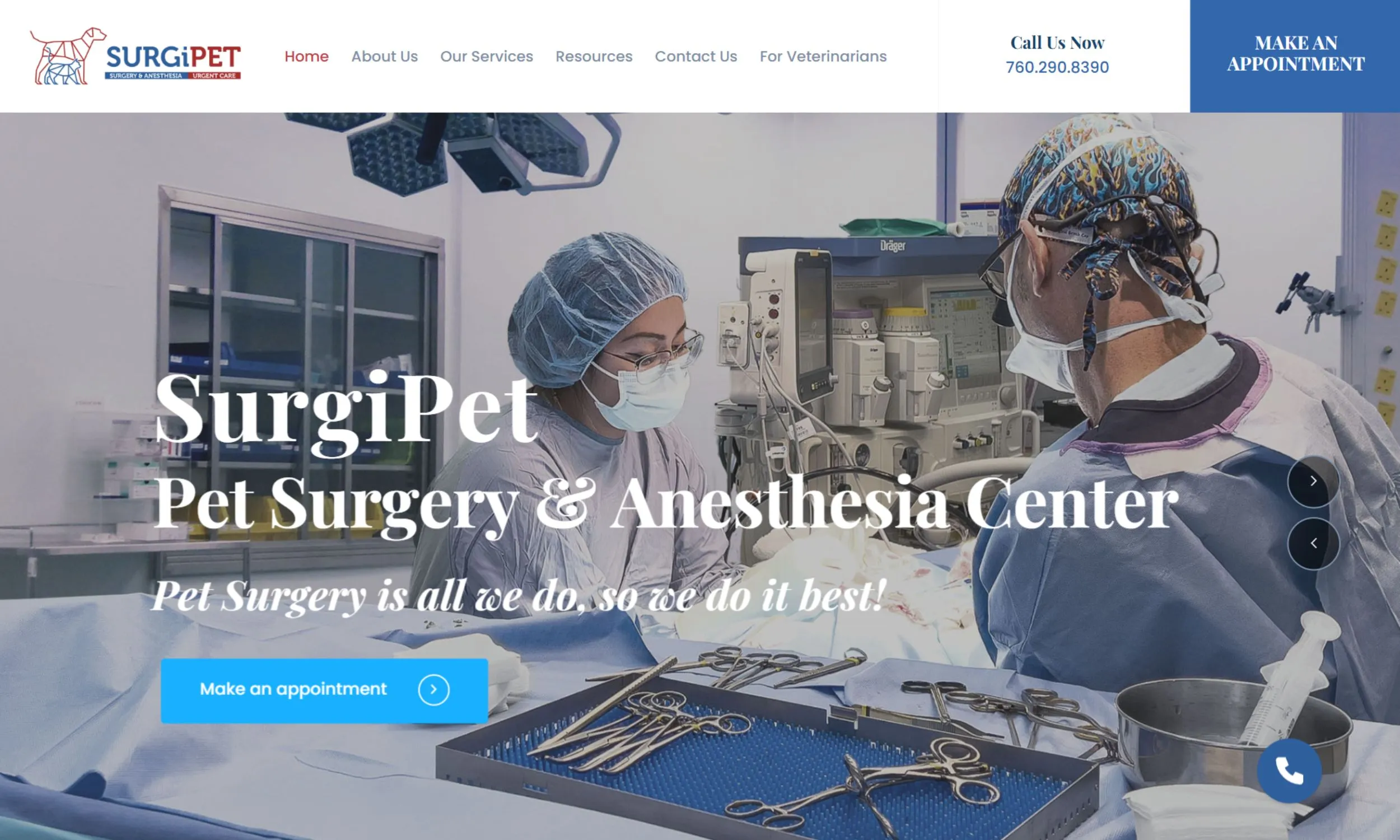 Two veterinary surgeons in surgical attire performing pet surgery with surgical tools on a covered table.