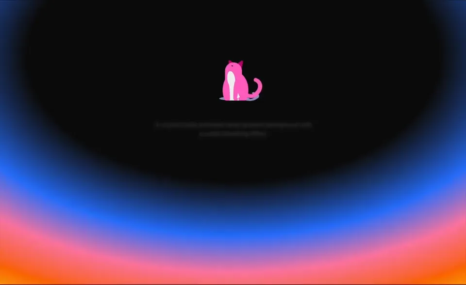 Pink cartoon cat sitting on a black background with blue and orange gradient at the bottom.