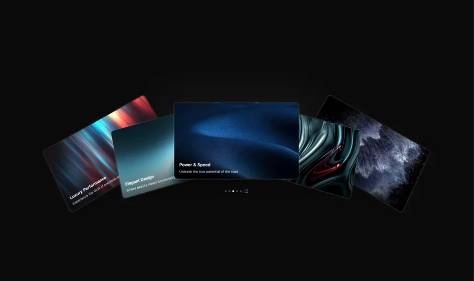 Five tilted cards on black background show features: luxury performance, elegant design, and power & speed.