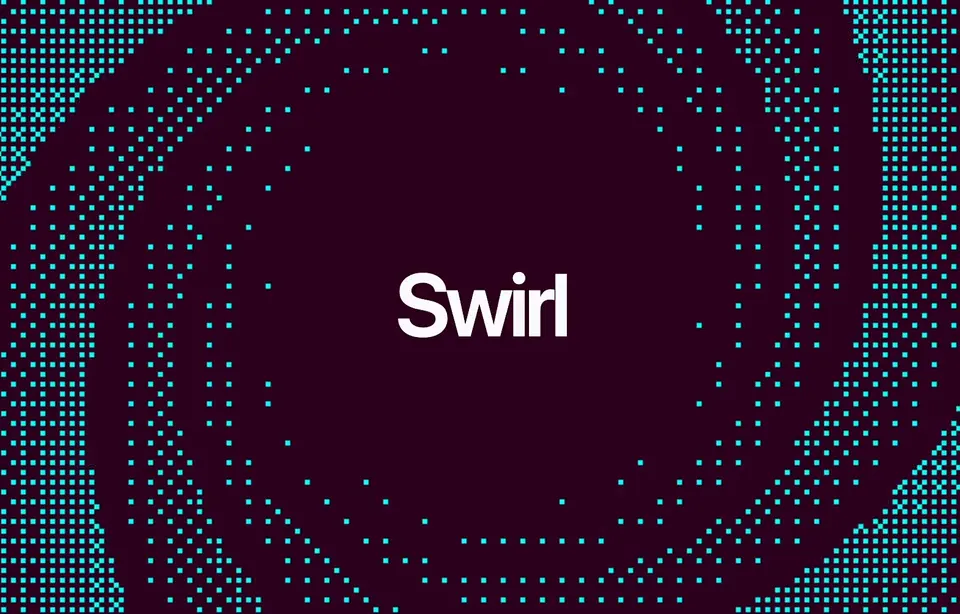 Blue pixel dots swirl in a spiral pattern on a dark background with the word 'Swirl' in white text.