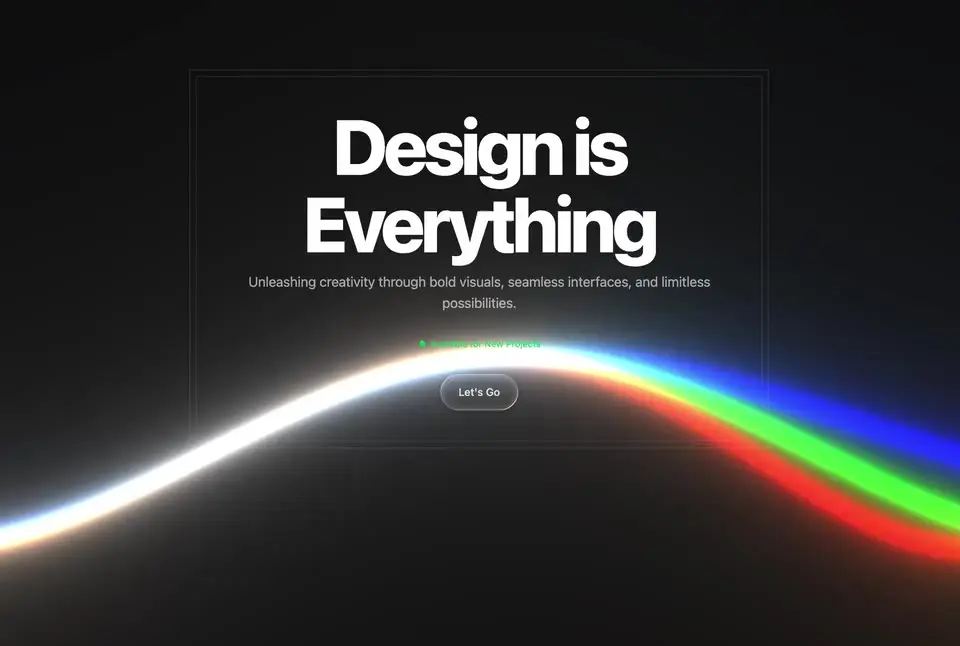 Bold white text 'Design is Everything' above a glowing wave of white, blue, green, and red light on dark background.