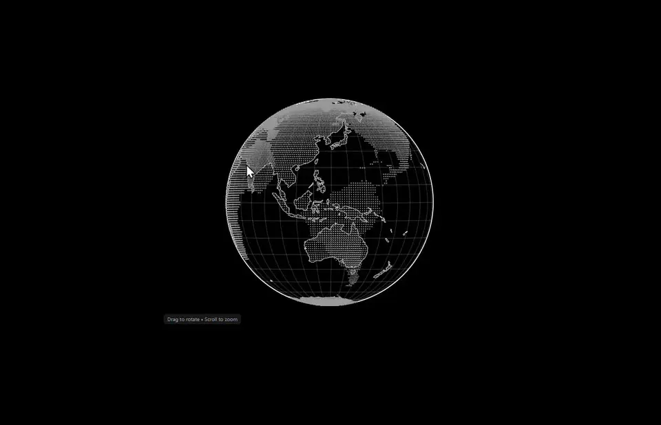 Grayscale dotted globe centered on Asia, Australia, and surrounding oceans on a black background.