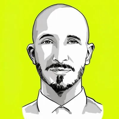 Black and white digital portrait of a bald man with a beard and mustache on a yellow background.