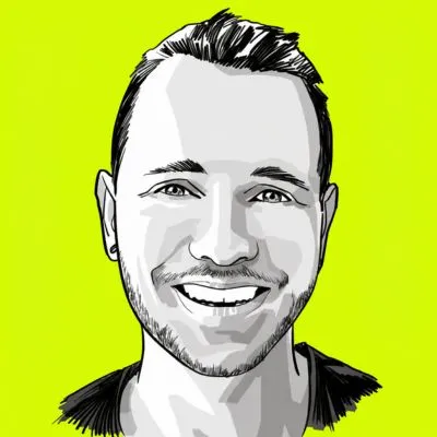 Black and white digital sketch of a smiling man against a bright yellow background.