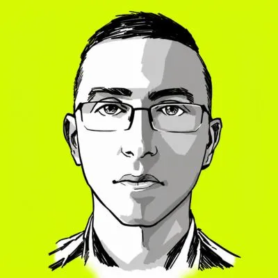 Black and white stylized drawing of a man with glasses against a bright yellow background.