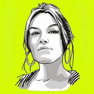 Black and white illustration of a woman with hoop earrings on a bright green background.