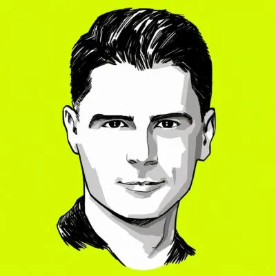 Black and white sketch of a man with short hair on a bright yellow background.