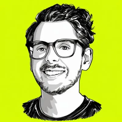 Black-and-white digital sketch of a smiling man with glasses and wavy hair on a bright yellow background.