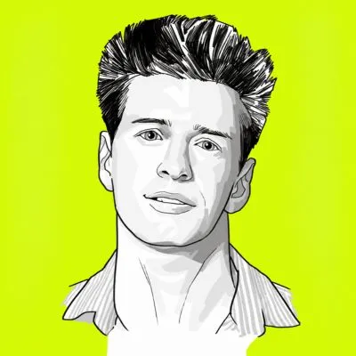 Black and white digital portrait of a young man with styled hair against a bright yellow background.