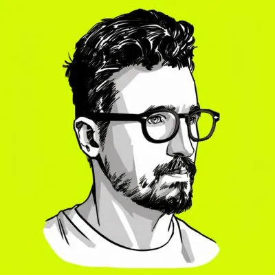Black and white digital portrait of a man with glasses and a beard on a bright yellow background.