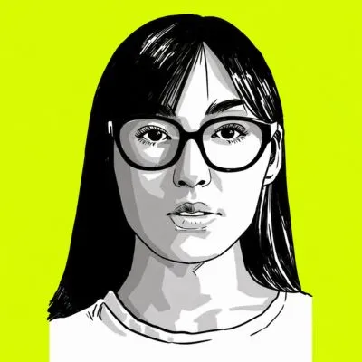 Illustration of a woman with long dark hair and black glasses on a bright yellow background.