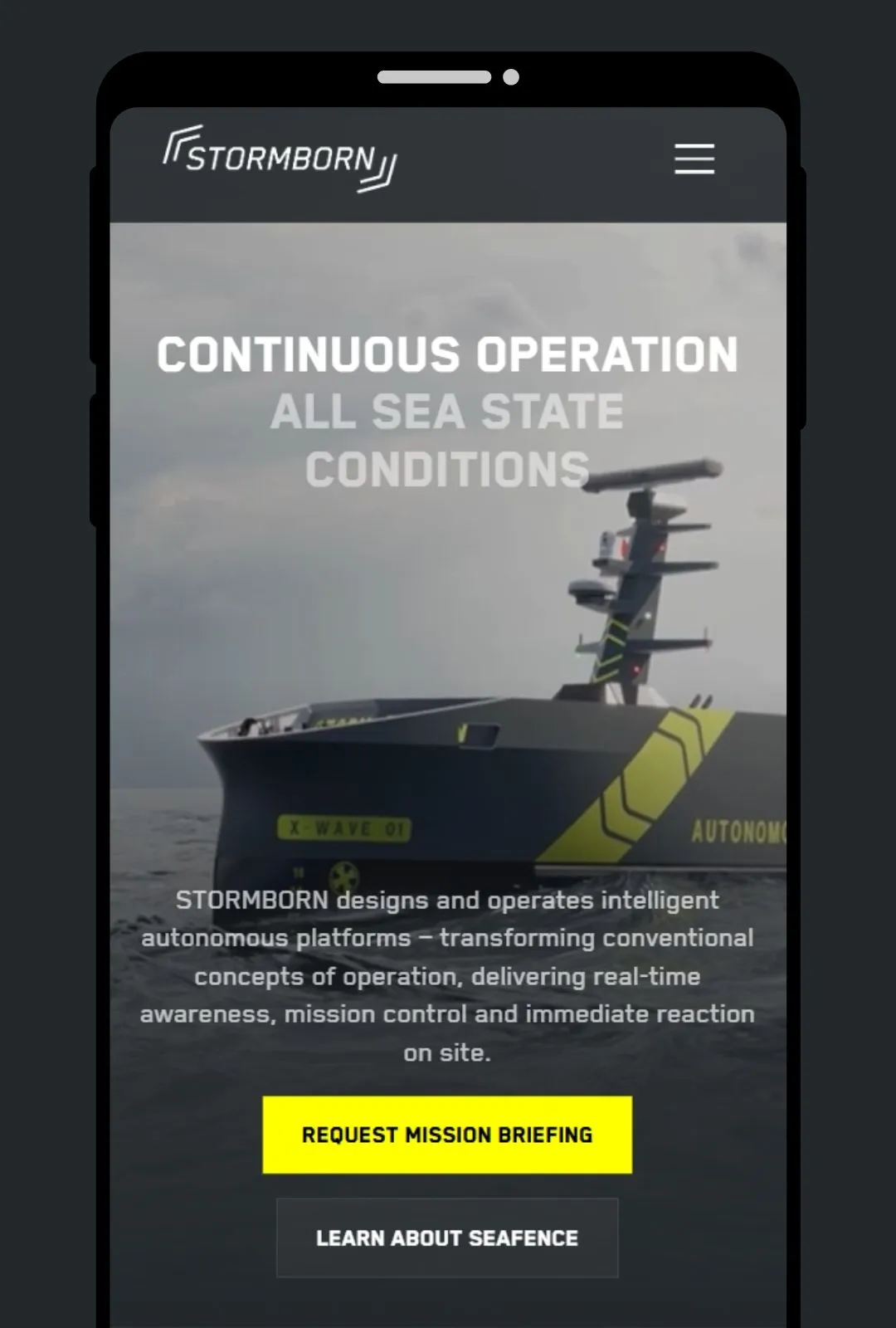 Smart autonomous sea platform X-WAVE 01 by STORMBORN shown on mobile device screen with mission briefing options.