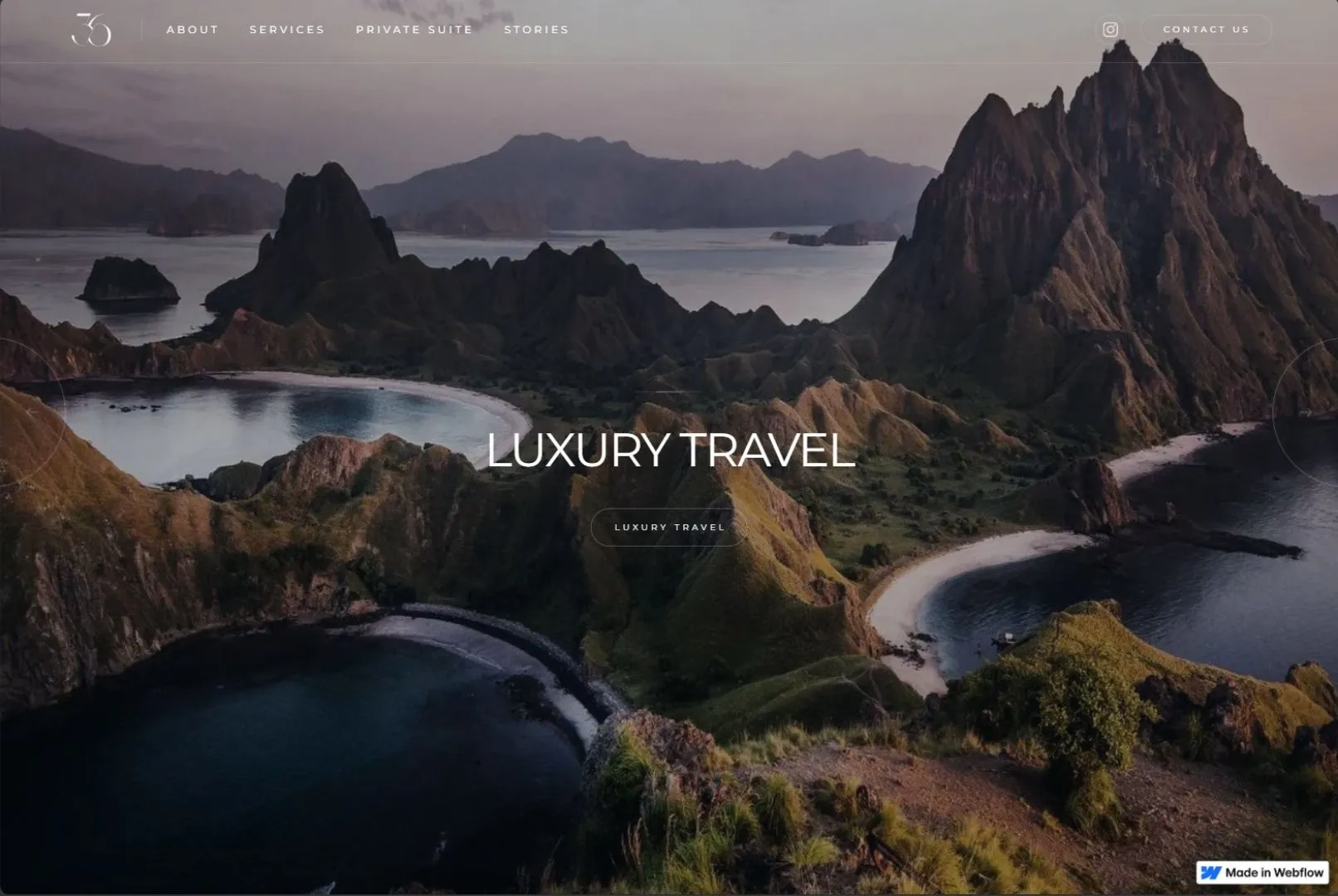 Aerial view of coastal mountains and bays at sunset with text luxury travel overlaid.