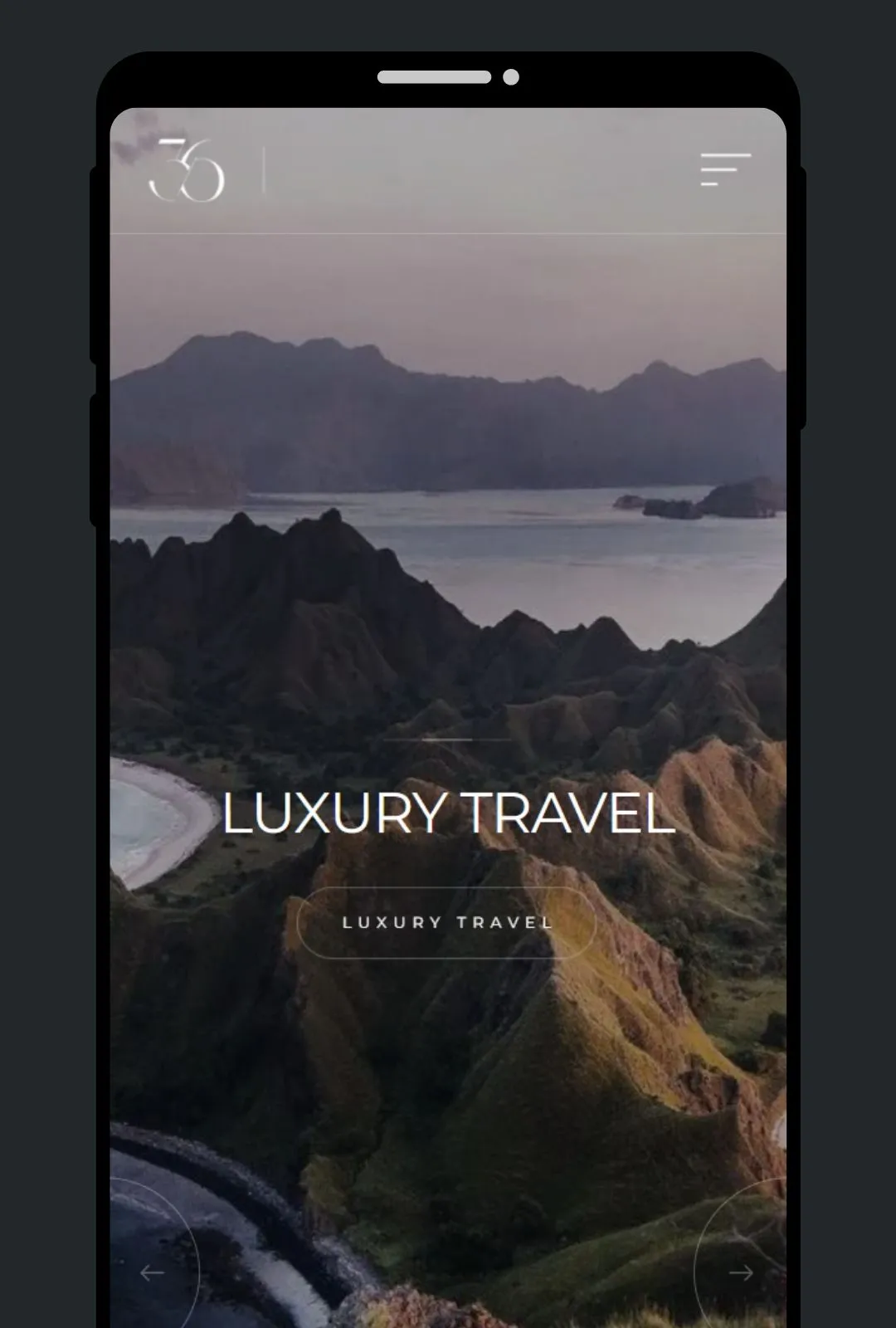 Mobile screen showing a luxury travel site with a coastal mountain landscape background.