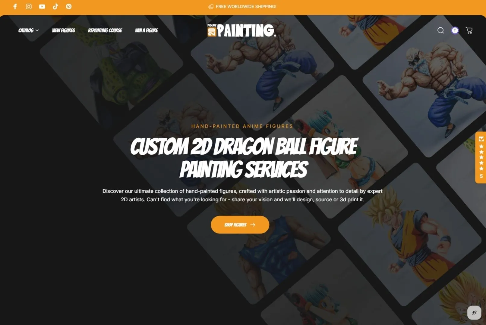Website homepage featuring custom 2D Dragon Ball figure painting services with anime character images.