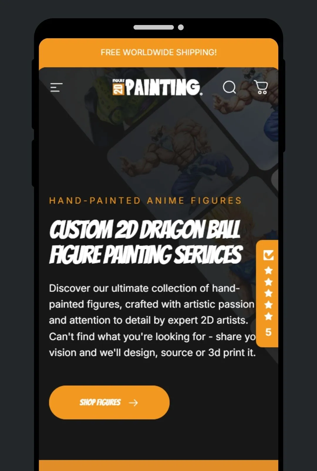 Mobile screen showing custom 2D Dragon Ball figure painting services with shop button and free worldwide shipping.