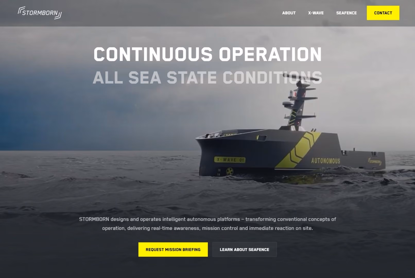 Autonomous vessel labeled X WAVE 01 sailing on choppy sea under a cloudy sky with navigation options above.
