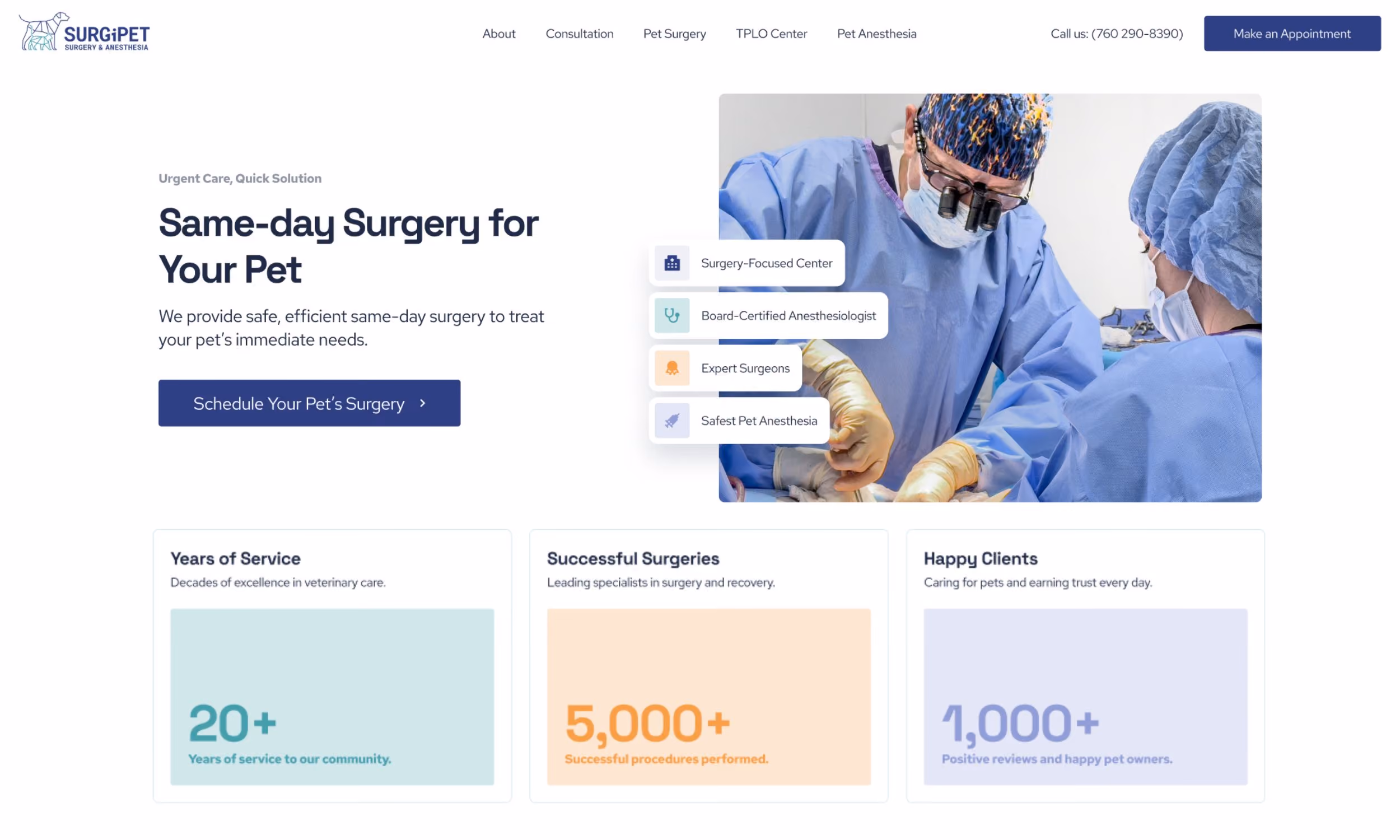 Veterinarians in blue scrubs performing surgery with text about same-day pet surgery and service stats.