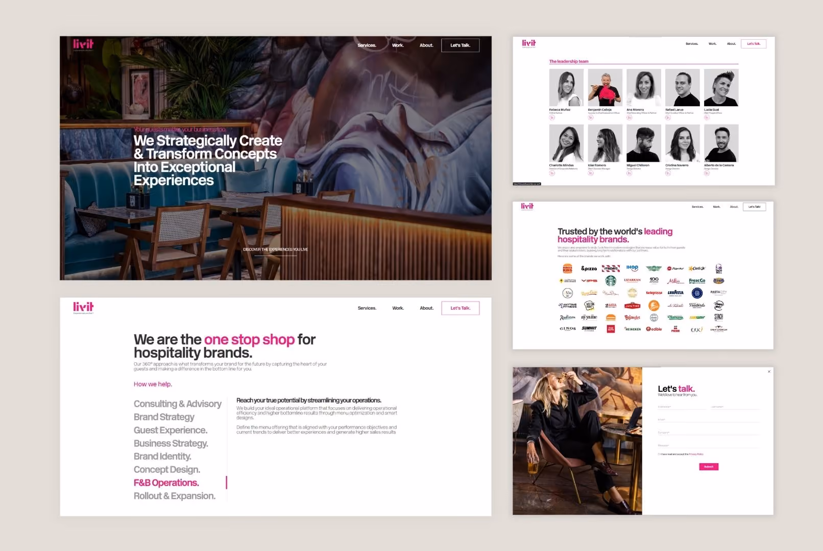 Website mockup showing hospitality brand services, leadership team, client logos, and contact form.