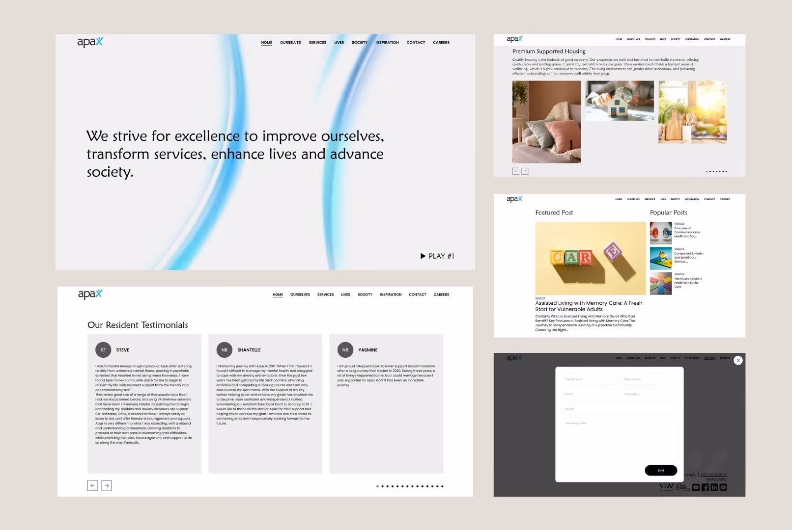 Website mockup with mission statement, resident testimonials, premium housing info, blog posts, and contact form.