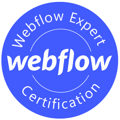 Webflow Expert Certification badge with white text on a blue circular background.