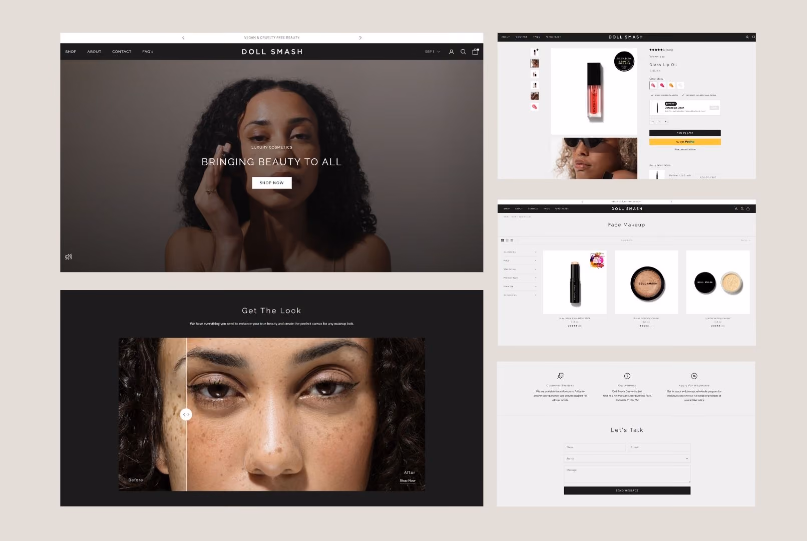 Doll Smash beauty website mockup showing product pages, a model, and a before-after makeup look slider.