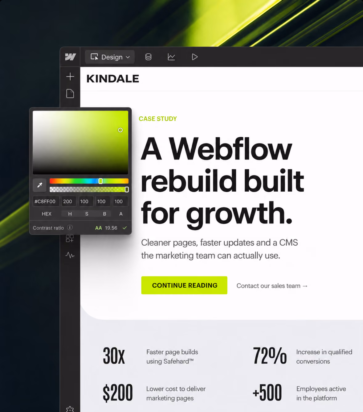 Webflow interface showing rebuild case study for Kindale with growth stats and a color picker panel.