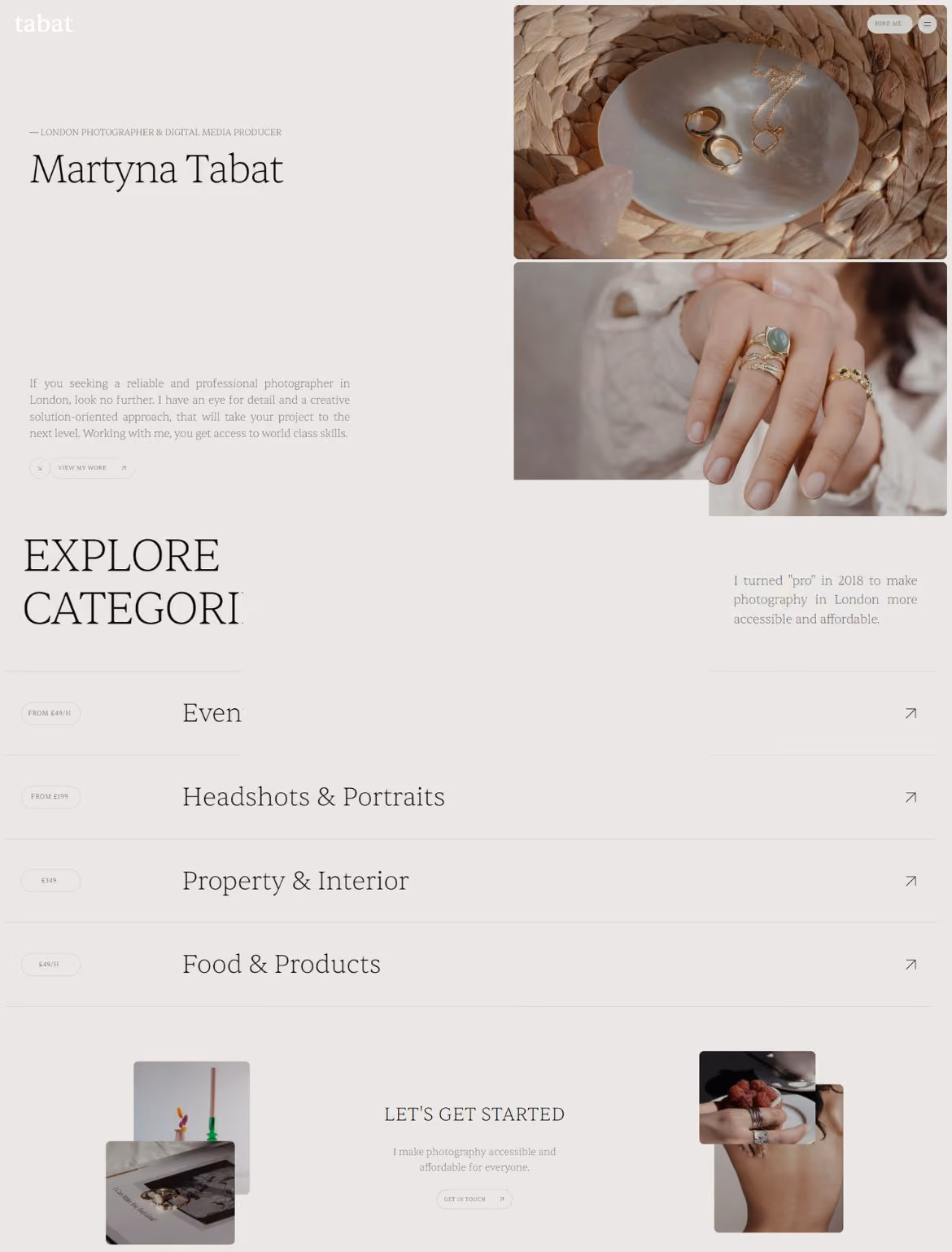 Website homepage for London photographer Martyna Tabat showing services and images of jewelry and hands.