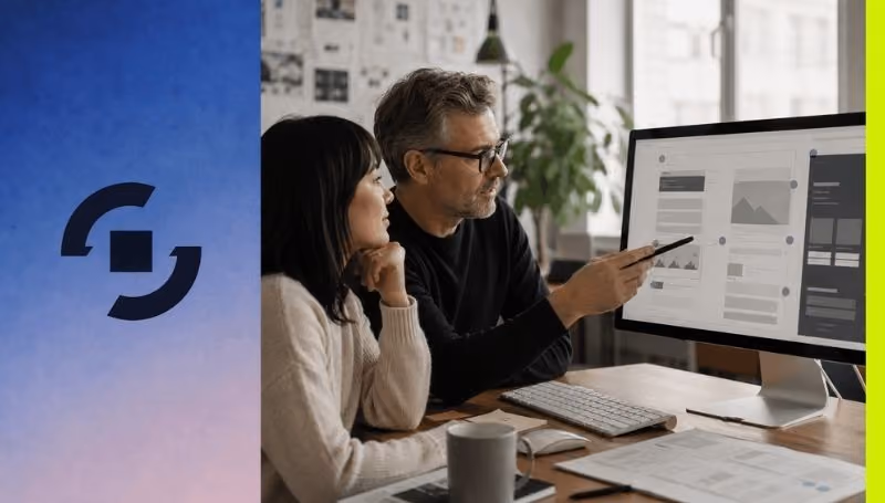 Man and woman reviewing website content on a desktop computer in an office setting.