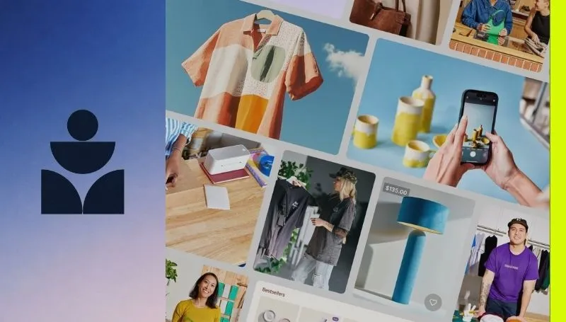 Collage of ecommerce product photos including clothes, ceramics, a lamp, and people shopping digitally.