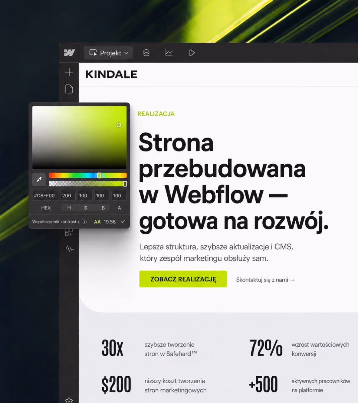 Przebudowa polskiej strony Kindale pokazana w edytorze Webflow.