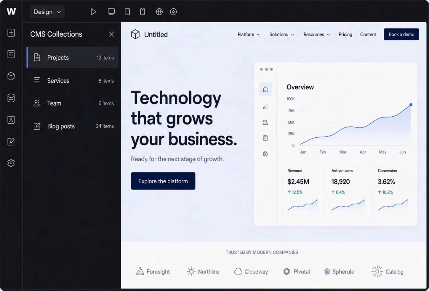 Dashboard showing CMS collections menu and a platform overview with revenue, users, and growth charts.