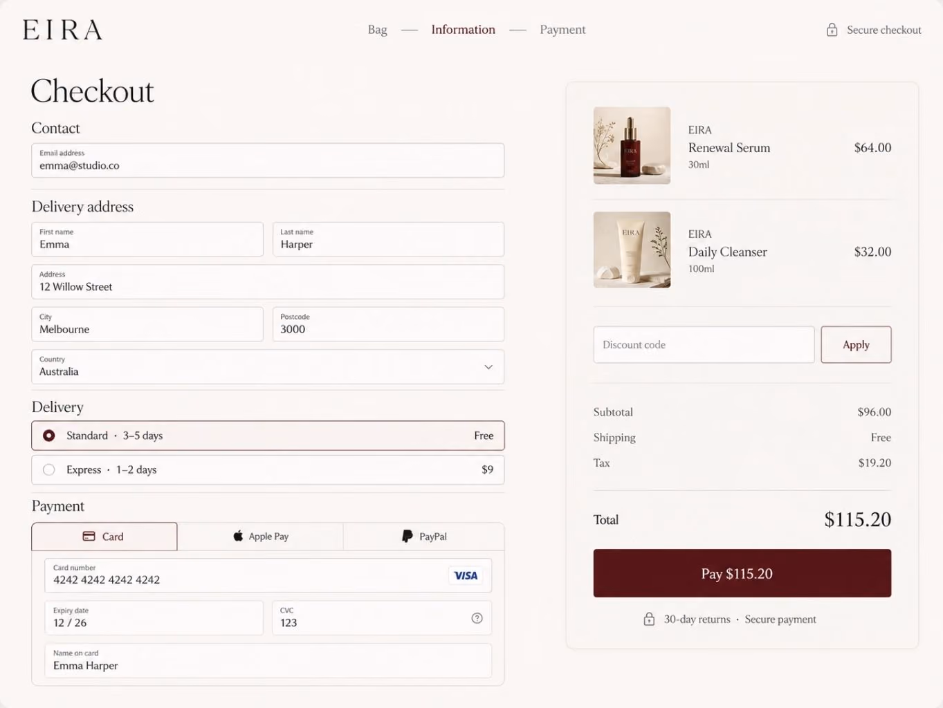 Checkout page for EIRA with contact information fields including email, delivery address fields for first name, last name, address, city, postcode, and country. Delivery options include standard (3-5 days, free) and express (1-2 days, $9). Payment section offers Card, Apple Pay, and PayPal tabs, with card details filled in including card number, expiry date, CVC, and cardholder name. On the right, the order summary shows images and details for Renewal Serum $64 and Daily Cleanser $32, a discount code field, subtotal $96, free shipping, tax $19.20, and total $115.20 with a red Pay $115.20 button below. Secure checkout and 30-day returns notes are displayed.