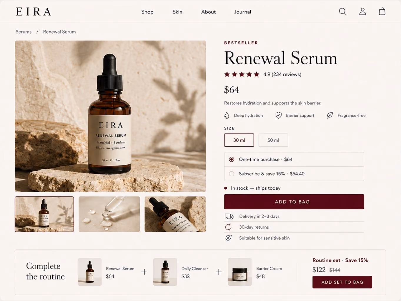 EIRA brand Renewal Serum product page showing a brown glass dropper bottle on a stone surface with natural shadows. The serum costs $64 with a 4.9 rating from 234 reviews, offering deep hydration, barrier support, and fragrance-free. Size options are 30 ml and 50 ml with purchase choices of one-time or subscription saving 15%. It is in stock with delivery in 2-3 days, 30-day returns, and suitable for sensitive skin. Also shown is a routine set including Renewal Serum, Daily Cleanser, and Barrier Cream for $122, saving 15%.