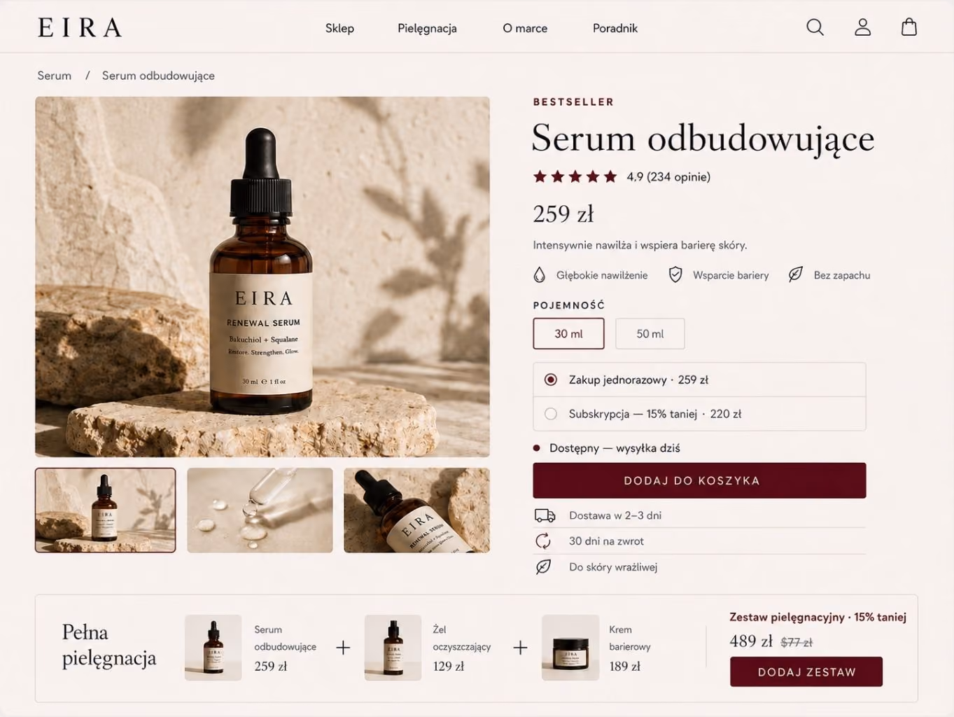 Strona produktu EIRA Renewal Serum prezentująca brązową butelkę z zakraplaczem na kamiennych płytach ze szczegółami produktu w języku polskim, w tym ocena 4,9 gwiazdek z 234 recenzji, cena 259 zł, opcje na 30 ml lub 50 ml, pojedynczy zakup lub subskrypcja oraz bordowy przycisk dodania do koszyka; pokazuje również informacje o dostawie, 30-dniowe zwroty i nadaje się dla skóry wrażliwej.