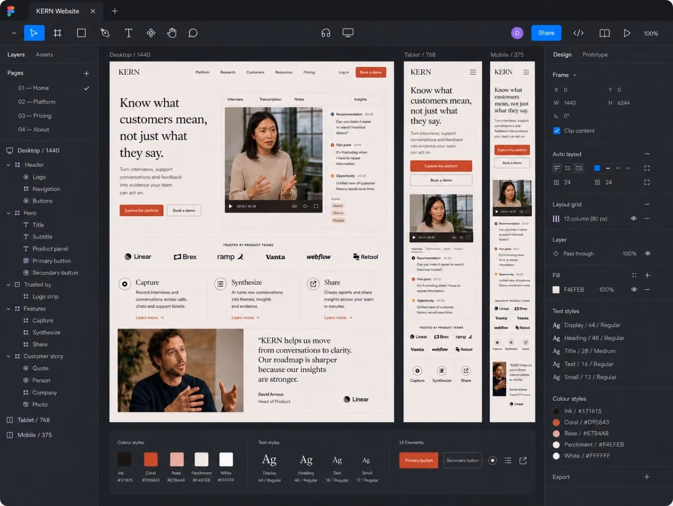 Screenshot of a web design interface showing a responsive site design for KERN, with desktop, tablet, and mobile layouts displayed. The site features a header with navigation links, a headline that reads 'Know what customers mean, not just what they say,' calls to action buttons, testimonial quotes, and icons describing features like Capture, Synthesize, and Share. The interface also includes layers, pages, color styles, text styles, and UI elements panels visible around the design preview.