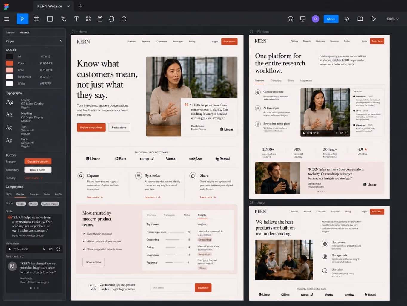 Screenshot of KERN website design interface showing a homepage and platform page with sections highlighting customer insight tools, transcript capture, AI synthesis, sharing features, product trust metrics, video testimonials, and company partners, alongside design tool sidebar with colors, typography, buttons, components, quotes, and video player controls.