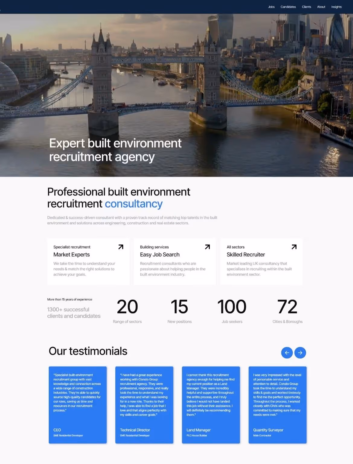 Aerial view of Tower Bridge over the Thames River in London at sunset with city buildings in background, overlaid with website text for a built environment recruitment agency highlighting expertise, professional consultancy, market experts, job search services, and testimonials from clients in blue boxes at the bottom.