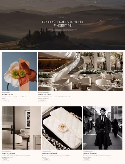 Luxury lifestyle website showing bespoke services, dining, fashion, gifting, and elegant interiors.